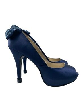 Expression Navy Blue Satin Peep-Toe Platform Heels with Rhinestone Bows Size 7